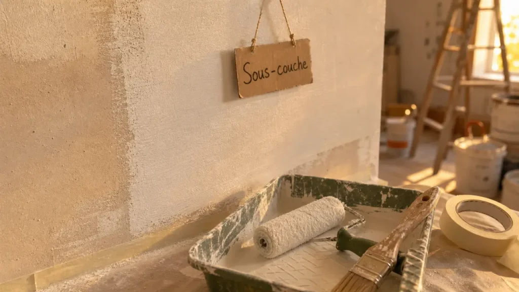 Peindre du platre : sous-couche sur mur en plâtre, rouleau et pinceau d’angle