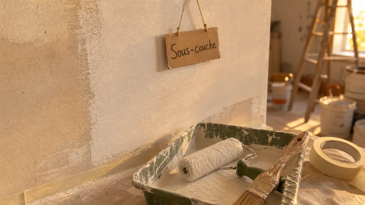 Peindre du platre : sous-couche sur mur en plâtre, rouleau et pinceau d’angle