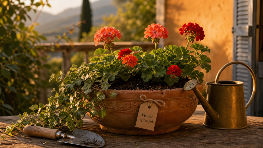 Quand planter geranium : géraniums en pot en terre cuite, après gel