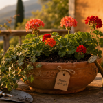 Quand planter geranium : géraniums en pot en terre cuite, après gel