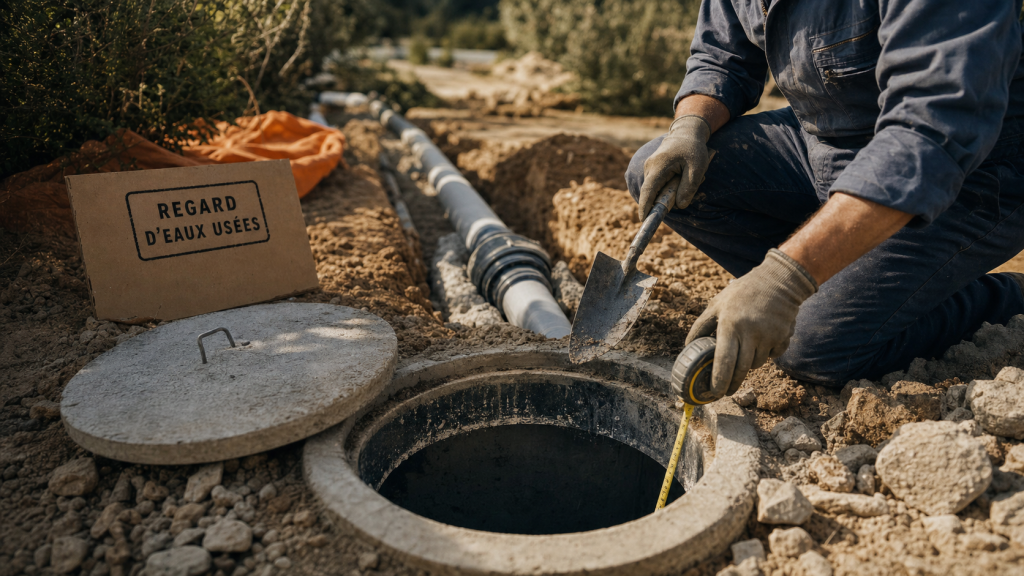 Regard de visite pour eaux usées : trappe béton ouverte et canalisation PVC