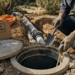 Regard de visite pour eaux usées : trappe béton ouverte et canalisation PVC