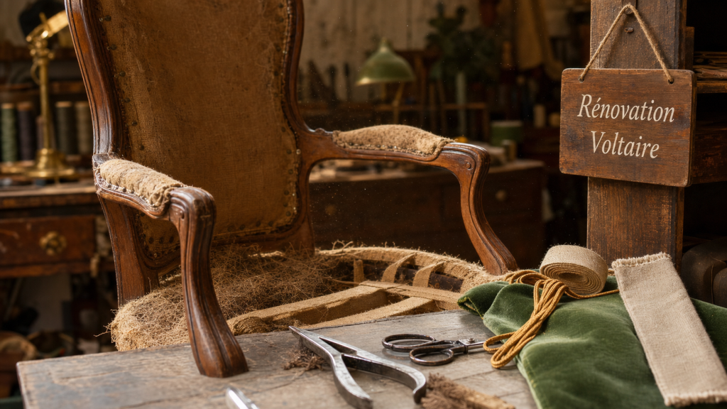 Rénovation fauteuil Voltaire : garnissage et outils de tapissier sur fauteuil ancien