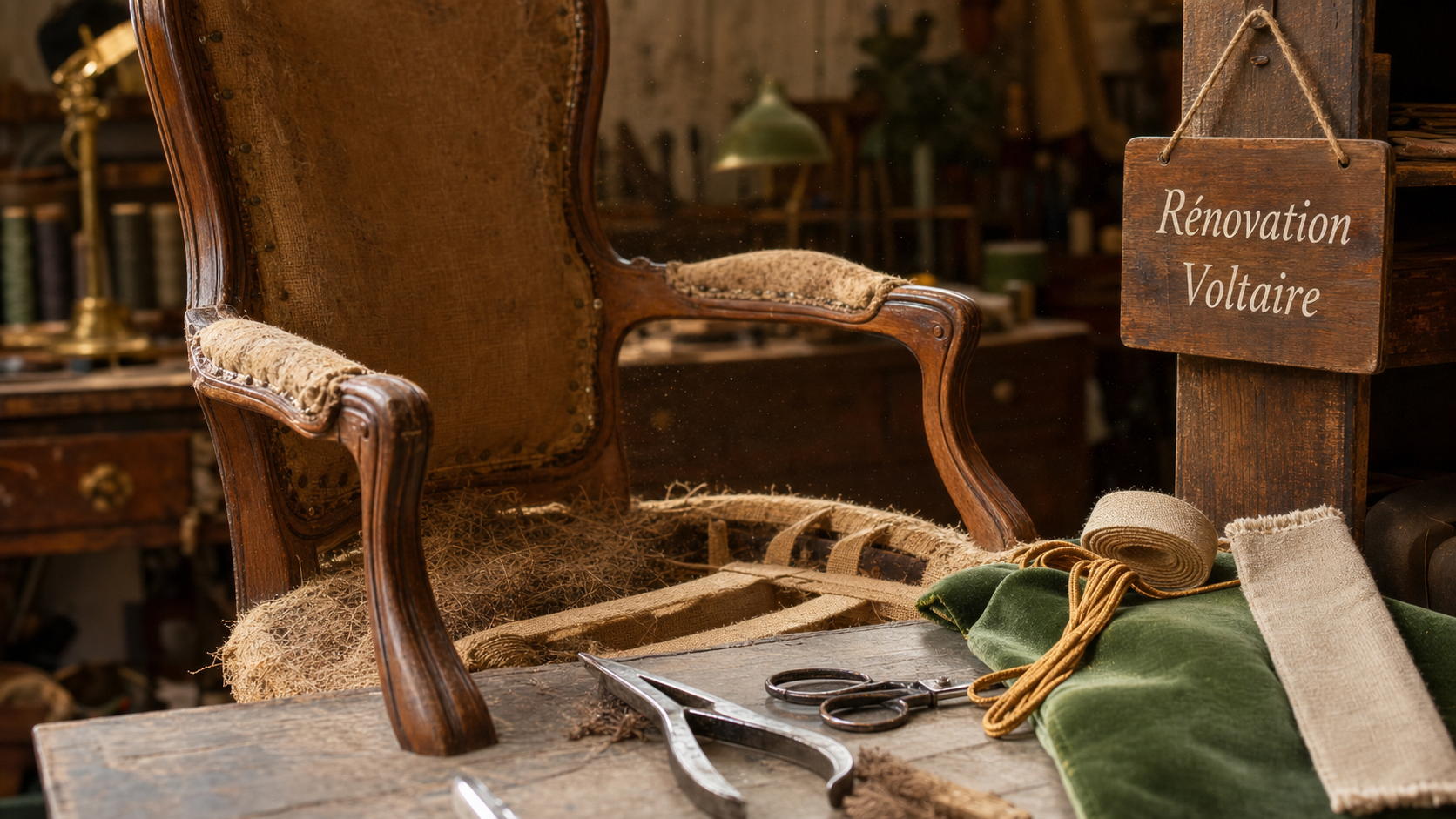 Rénovation fauteuil Voltaire : garnissage et outils de tapissier sur fauteuil ancien