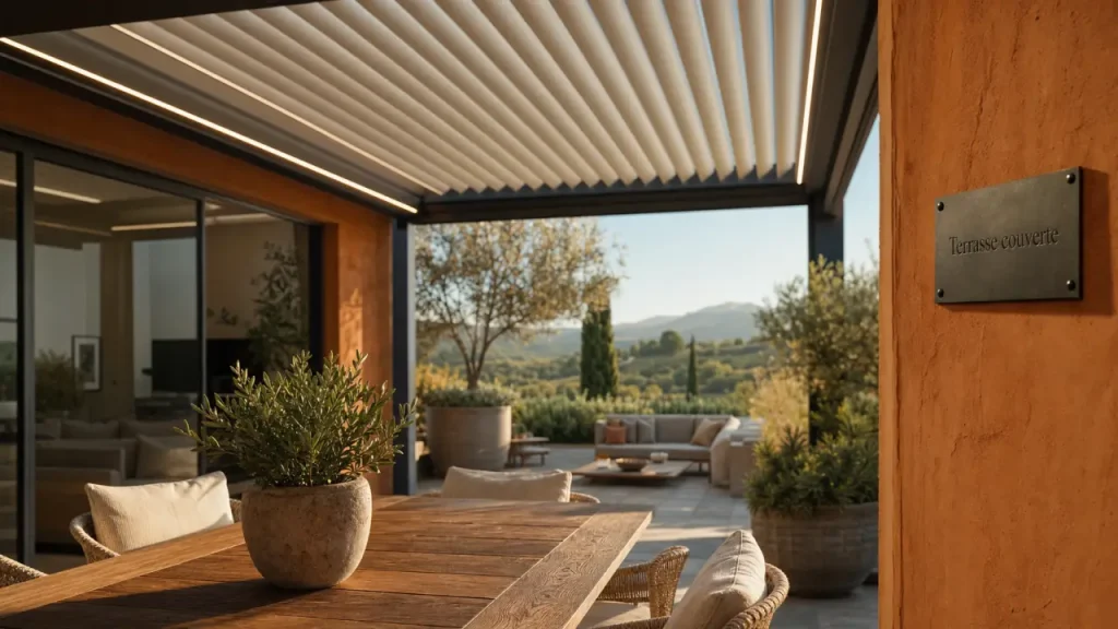 Terrasse couverte maison avec pergola légère et toit à lames orientables