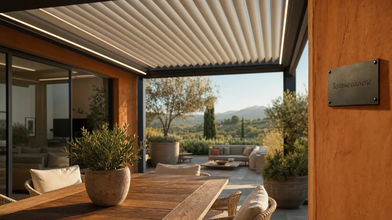 Terrasse couverte maison avec pergola légère et toit à lames orientables