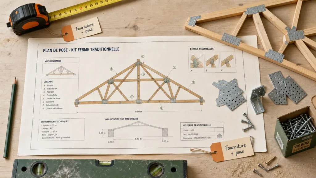 Charpente fermette en kit prix : plan de pose sur table