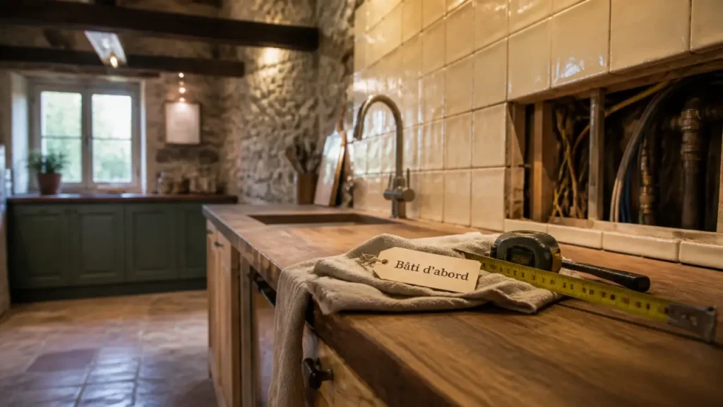 Cuisine dans maison ancienne en rénovation : murs, électricité et tuyaux visibles