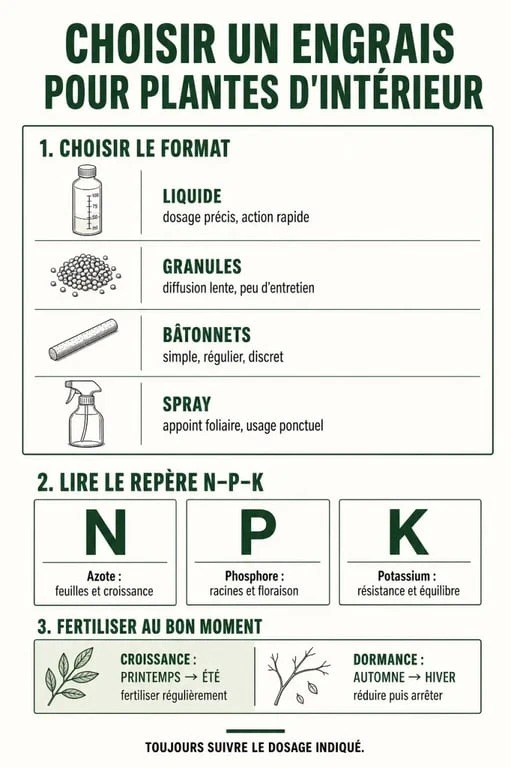 Engrais plantes d’intérieur : formats, N-P-K et moment d’application