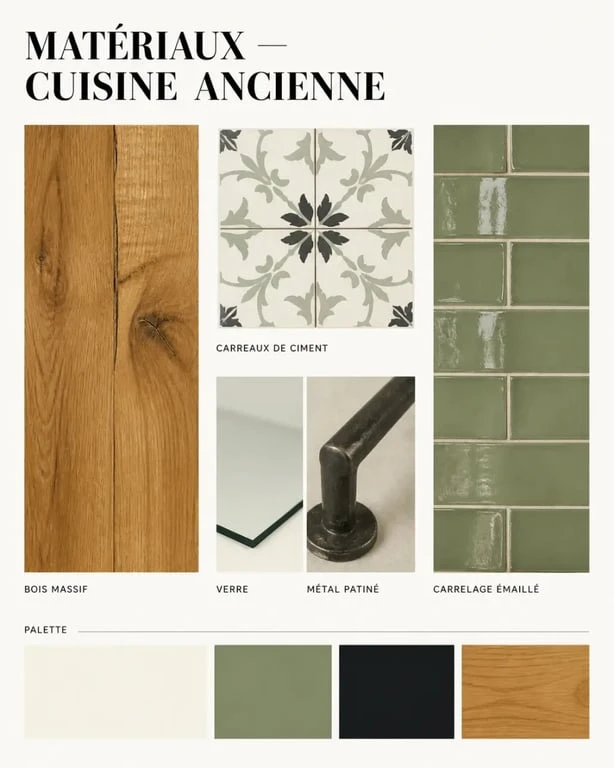 Cuisine dans maison ancienne : palette de matériaux bois, carreaux de ciment et carrelage émaillé