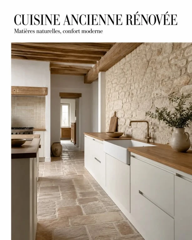 Cuisine dans maison ancienne avec poutres apparentes, mur en pierre et mobilier sur mesure