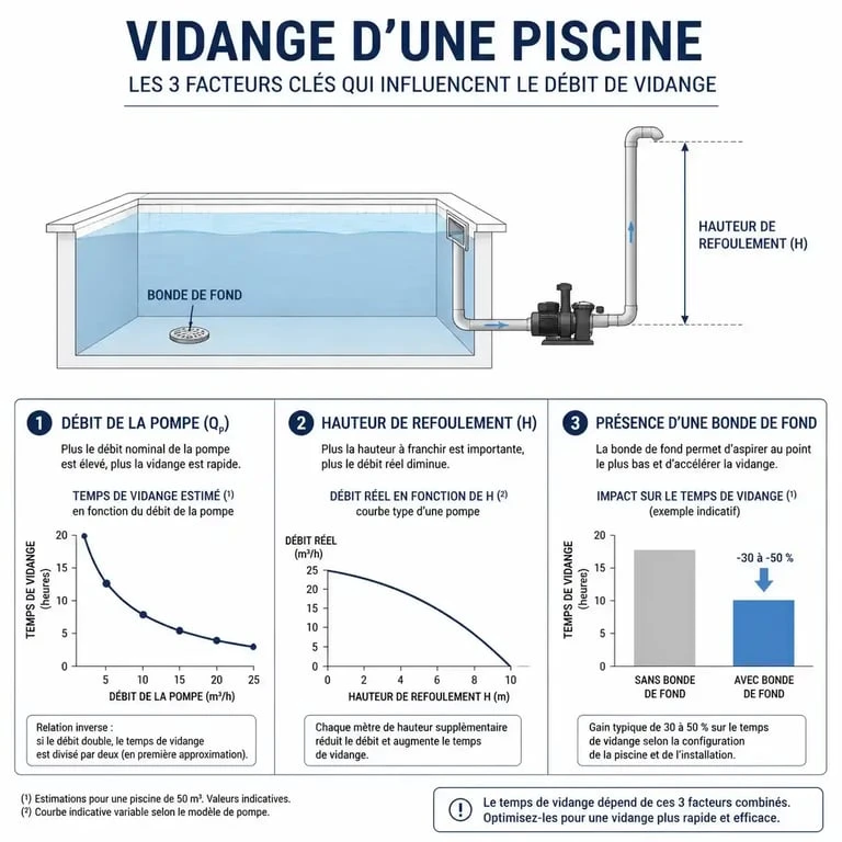 Schéma des facteurs influençant le temps pour vider une piscine de 50m3