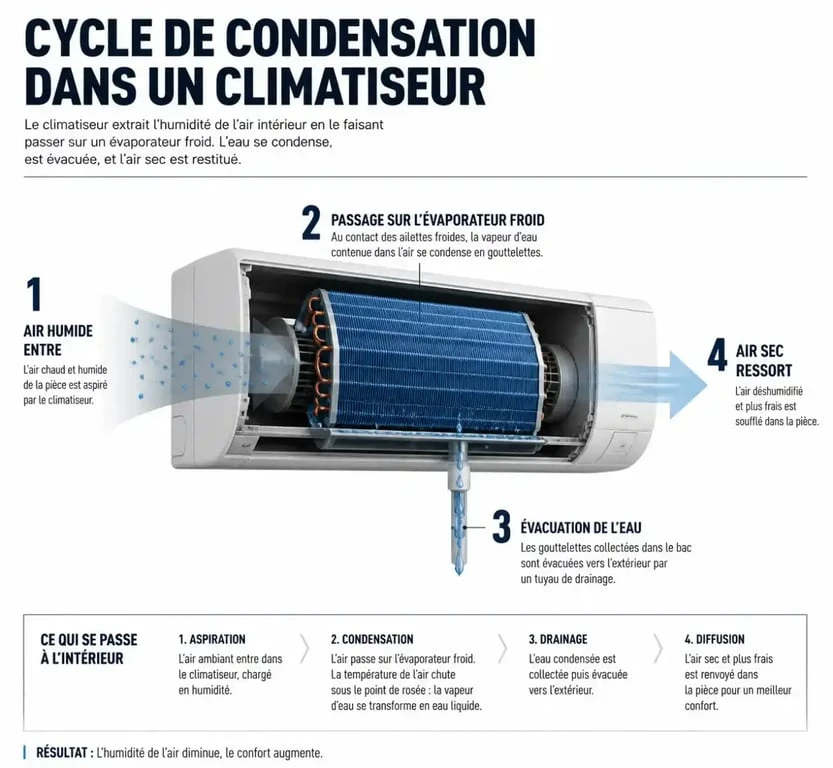 Schéma explicatif du fonctionnement du mode Dry de climatisation pour la déshumidification de l'air