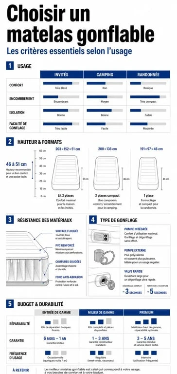 Matelas gonflable meilleur : infographie comparative des critères de choix selon l’usage, la hauteur, la résistance et le budget