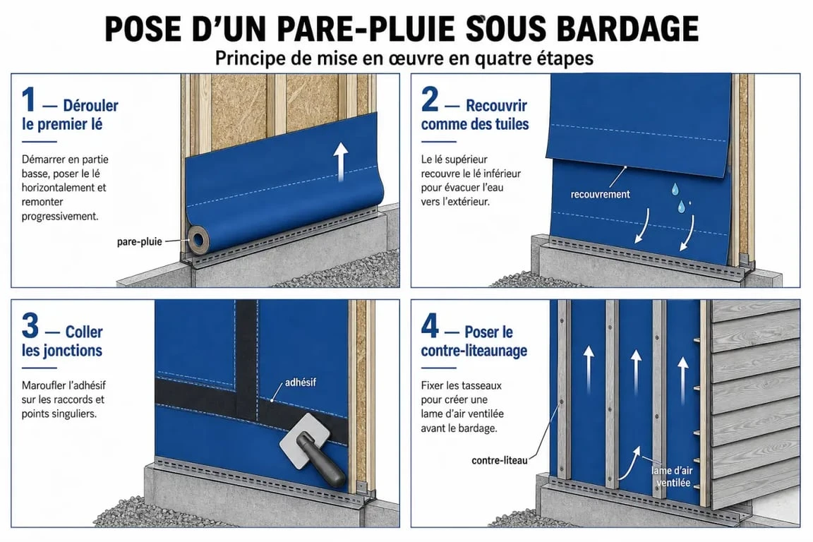 Pose pare pluie étape par étape sous bardage