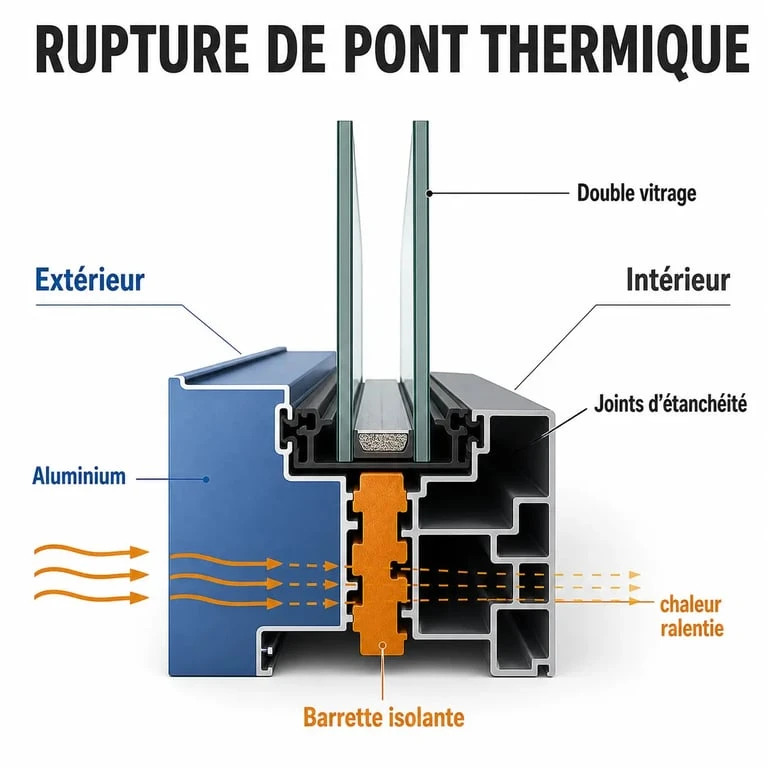 Schéma de l’isolation thermique fenetre alu montrant la rupture de pont thermique et le vitrage double