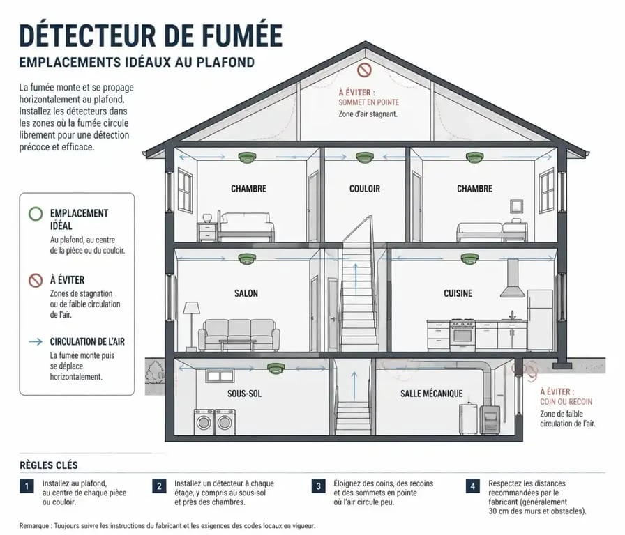 Schéma des emplacements idéaux pour installer un détecteur de fumée dans une maison