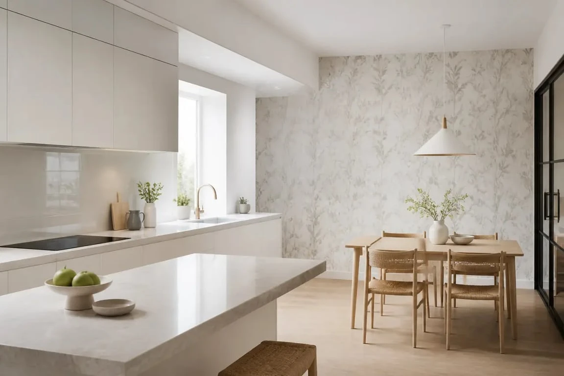 Tendance papier peint pour cuisine dans une cuisine ouverte avec papier peint au mur du fond et coin repas