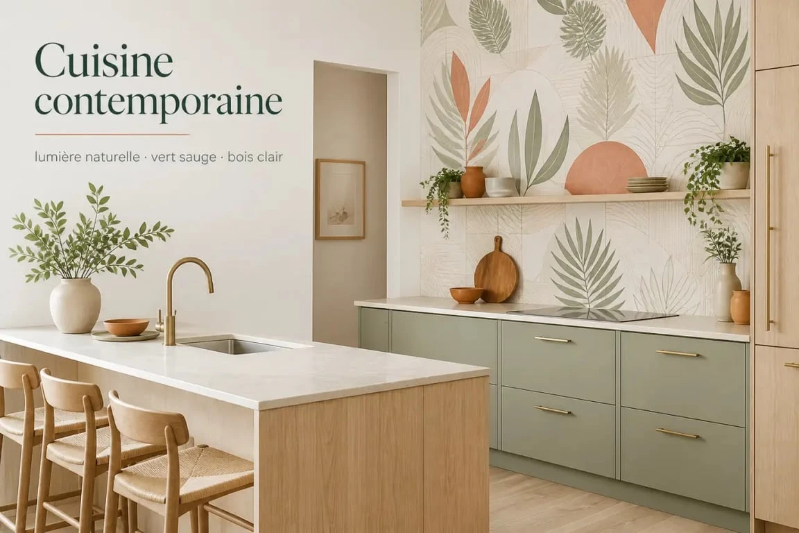 Tendance papier peint pour cuisine dans une cuisine contemporaine avec motifs feuillages et couleurs naturelles