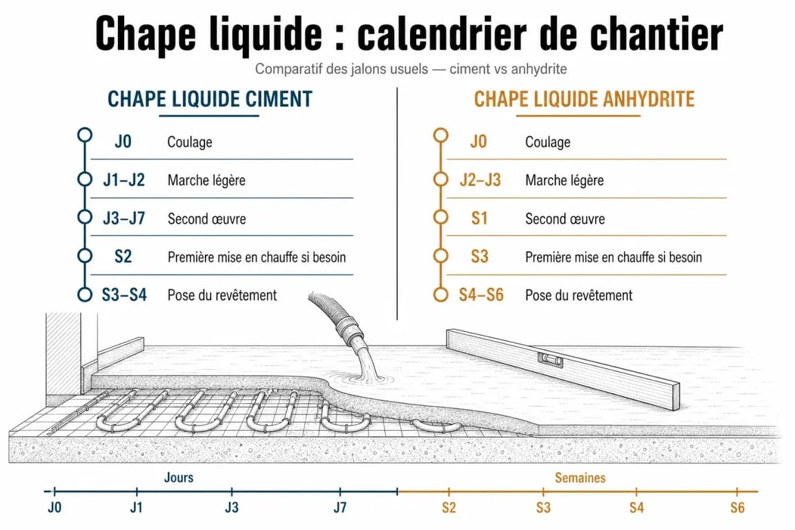 Temps de sechage chape liquide : frise comparative entre chape ciment et anhydrite avant marche et pose du revêtement