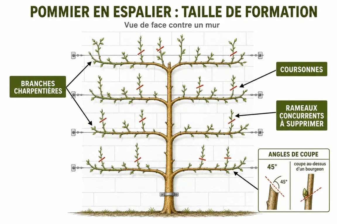 pommier espalier taille : schéma des branches charpentières, coursonnes et angles de coupe