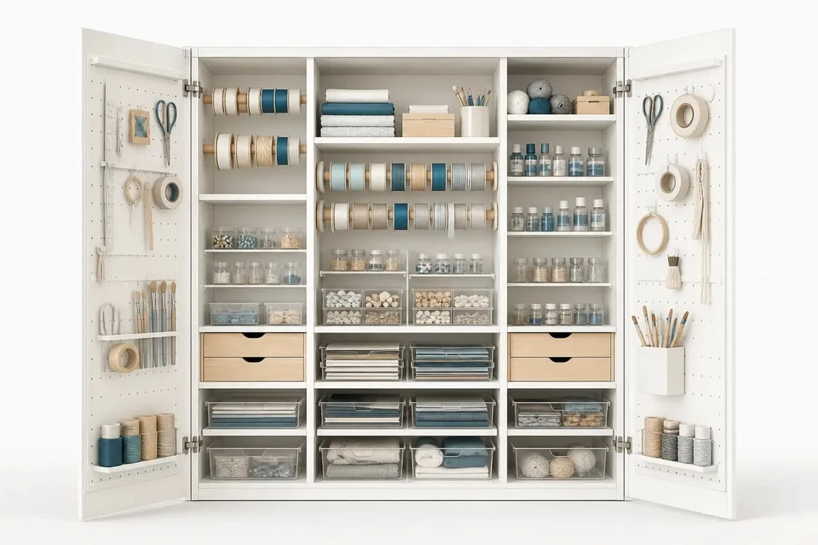 Intérieur d’une armoire rangement loisirs créatifs modulable et bien organisée