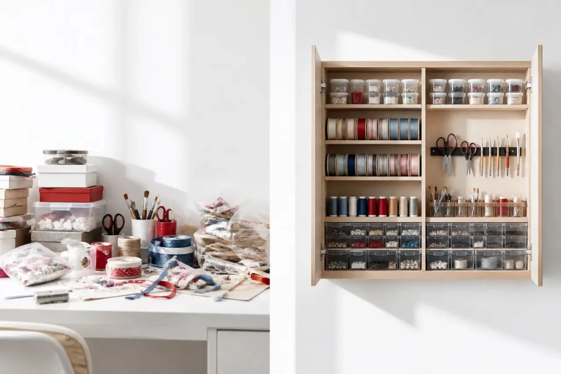 Armoire rangement loisirs créatifs en avant/après dans un coin atelier compact