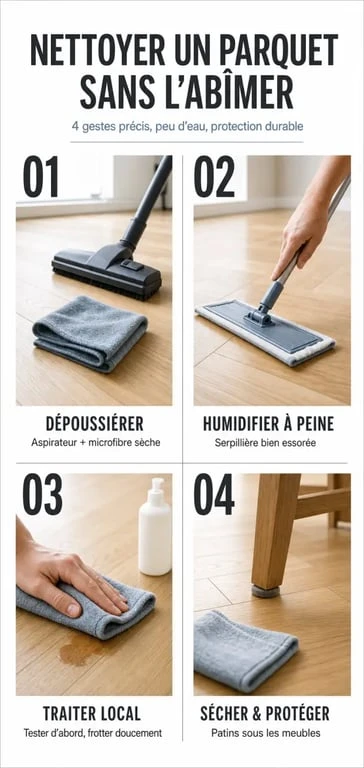 Nettoyer les parquets sans les abîmer en 4 étapes avec microfibre, serpillière humide et protection du bois