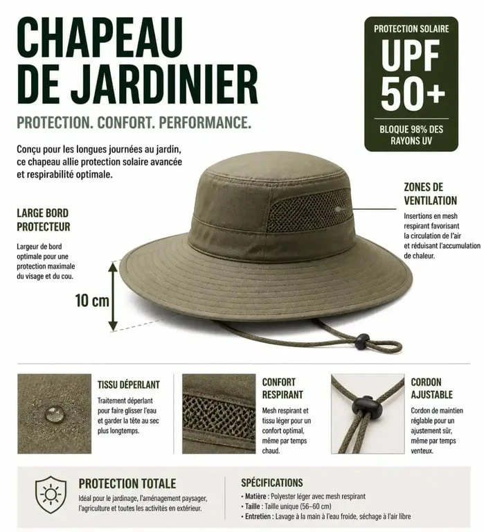 Schéma technique des critères de choix d'un chapeau de jardinier avec protection UPF 50+