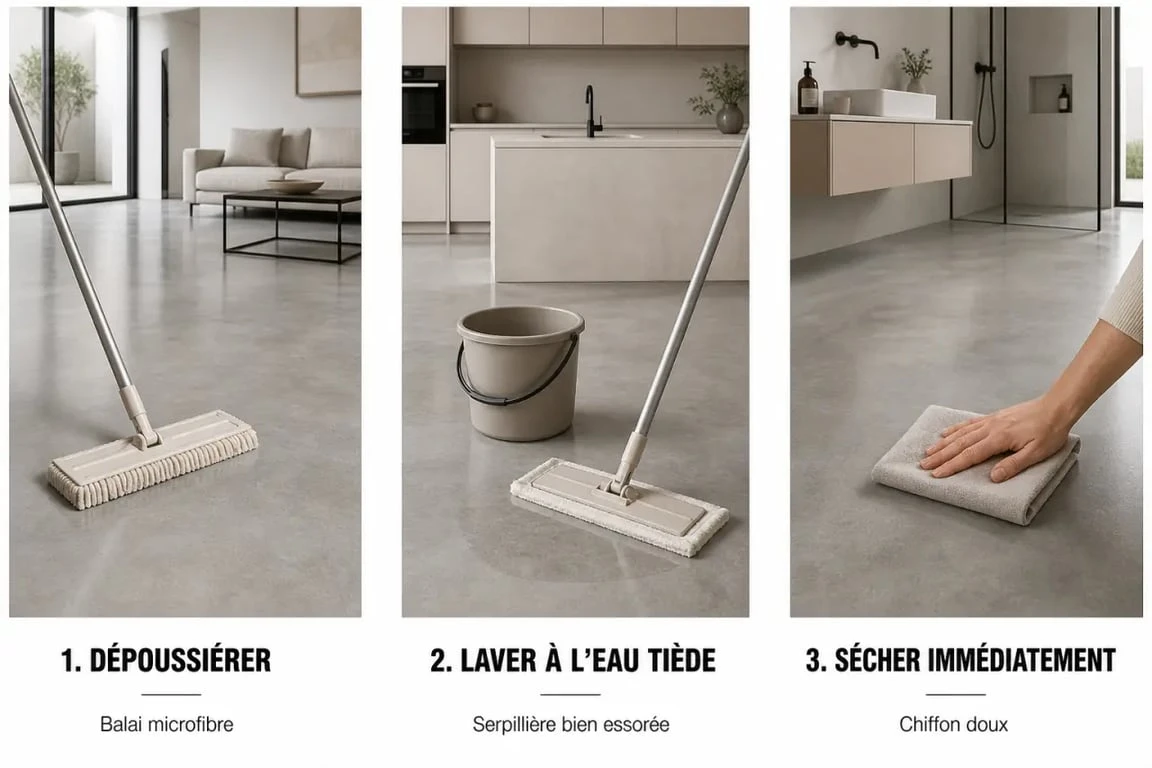 Nettoyer béton ciré avec balai microfibre, serpillière essorée et séchage rapide dans un intérieur moderne