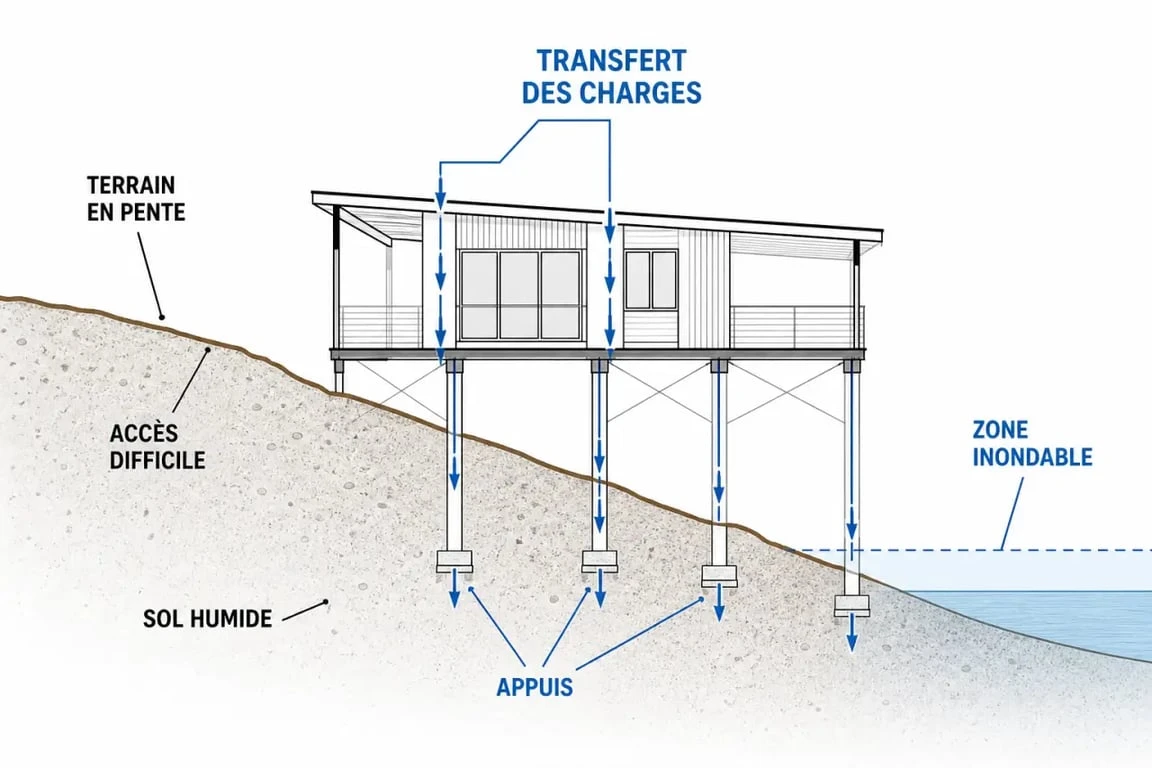 Construction sur pilotis : schéma du terrain, du transfert des charges et des principaux cas d’usage