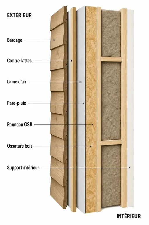 Mur en bois exterieur en coupe montrant bardage, pare-pluie, OSB et ossature bois