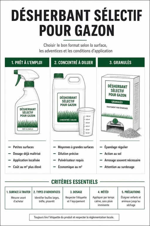 Comparatif du selectif gazon : formats, dosage et précautions pour choisir un produit adapté