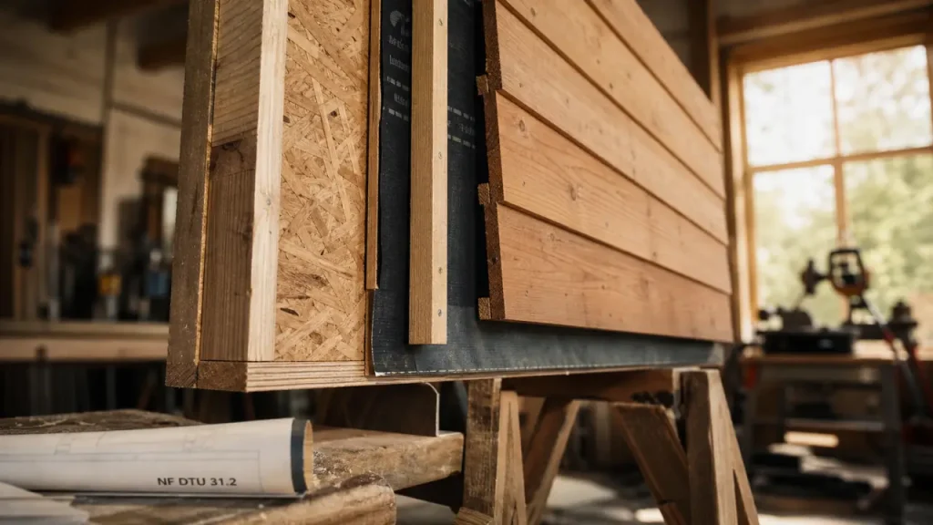 Mur en bois exterieur : OSB 12 mm, pare-pluie et bardage