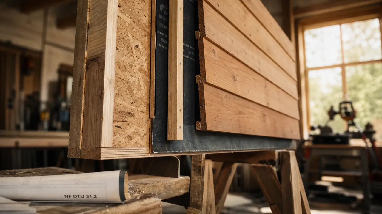 Mur en bois exterieur : OSB 12 mm, pare-pluie et bardage