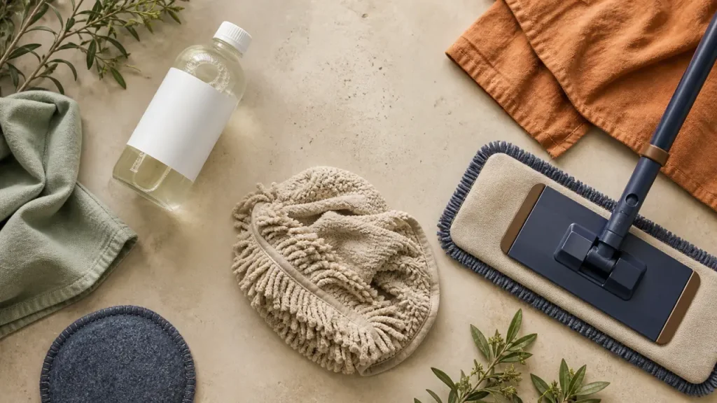 Nettoyer béton ciré avec pH neutre, eau tiède et serpillière microfibre