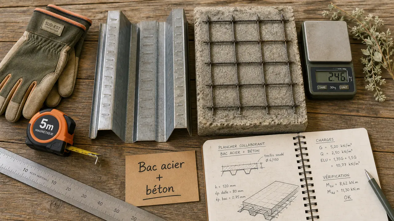 Plancher collaborant bac acier : bac nervuré et dalle de compression béton armé