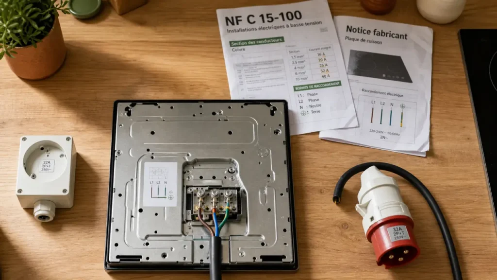 Prise plaque de cuisson 32A : sortie de câble ou prise normale