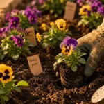 Quand planter des pensées : main replante des plants en godets