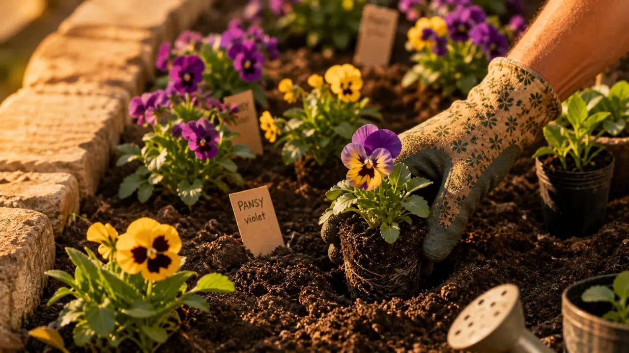 Quand planter des pensées : main replante des plants en godets