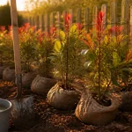 Quand planter photinia : jeunes photinias en haie dense