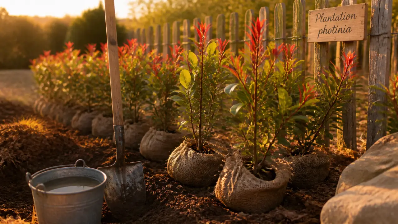 Quand planter photinia : jeunes photinias en haie dense
