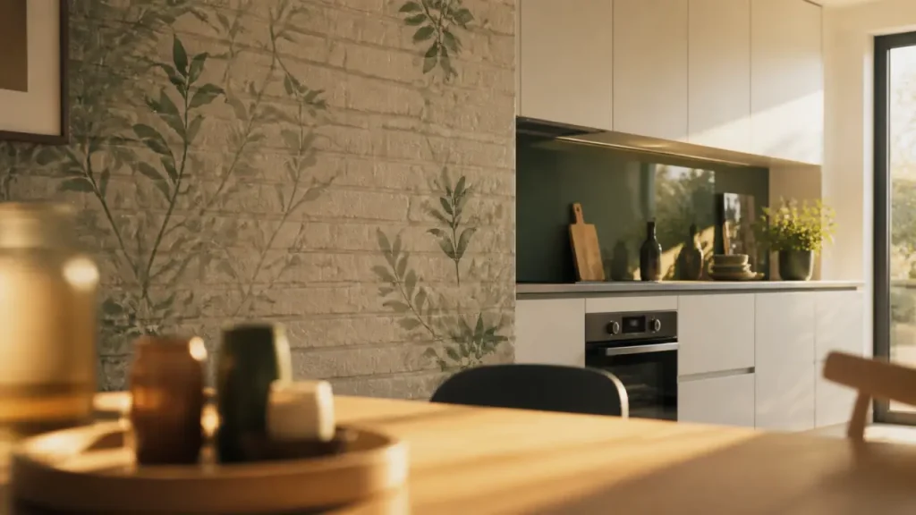 Tendance papier peint pour cuisine : vinyle terracotta lavable et motifs résistants, cuisine moderne