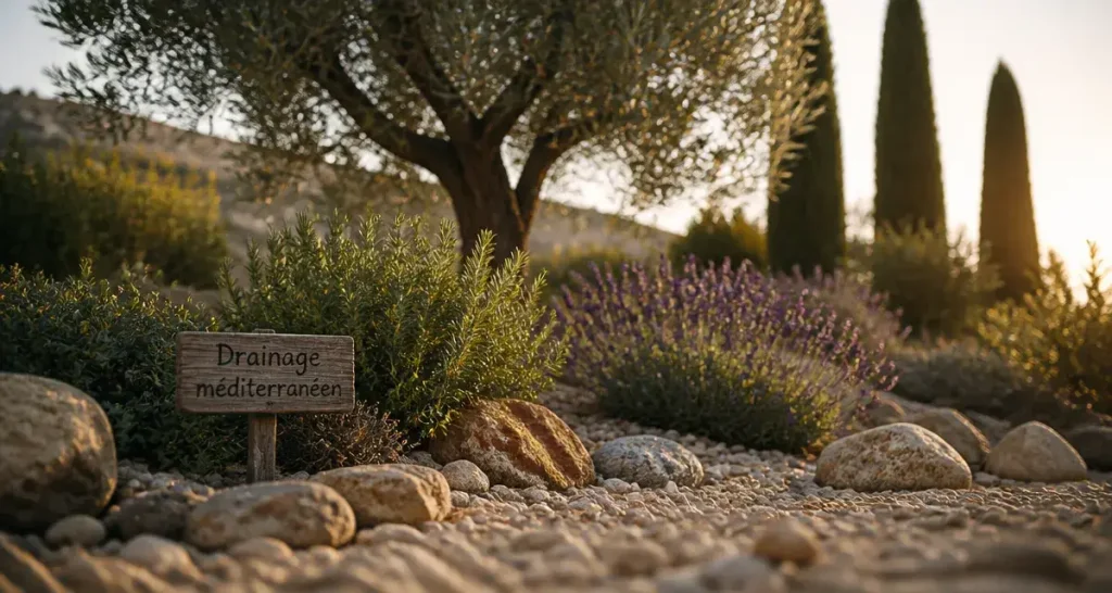 Aménagement jardin mediterraneen : massif drainant avec romarin et lavande