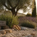 Aménagement jardin mediterraneen : massif drainant avec romarin et lavande