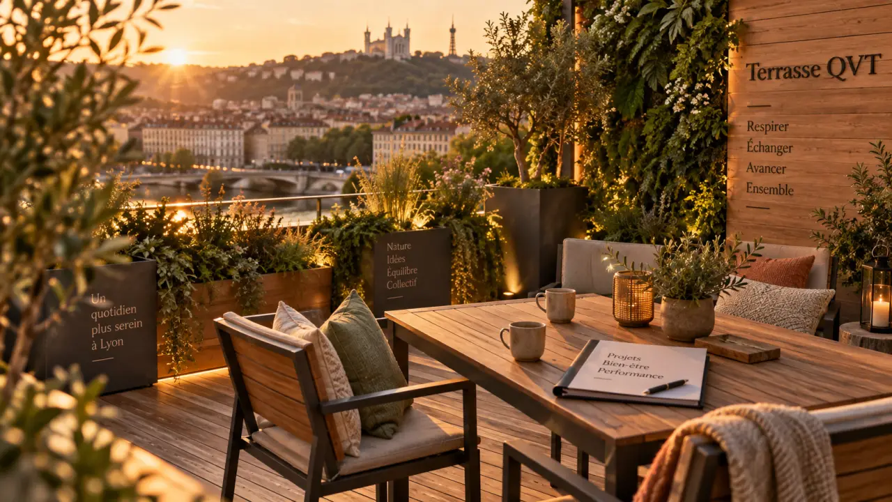 Aménagement de terrasse bureau Lyon : terrasse sur-mesure en bois et végétal, ambiance golden hour
