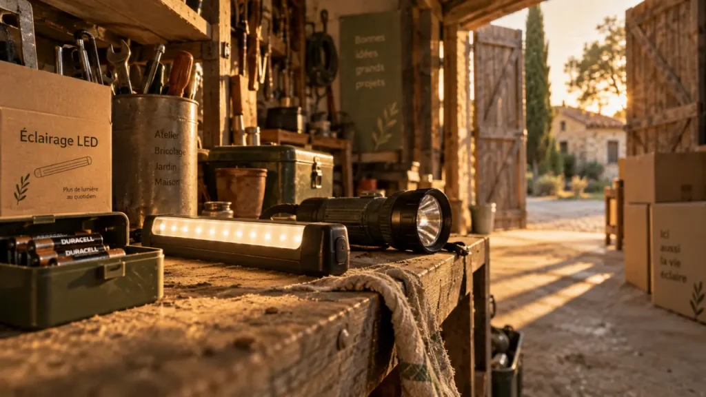 Éclairage led à pile puissant : lampe sans prise, garage à la golden hour