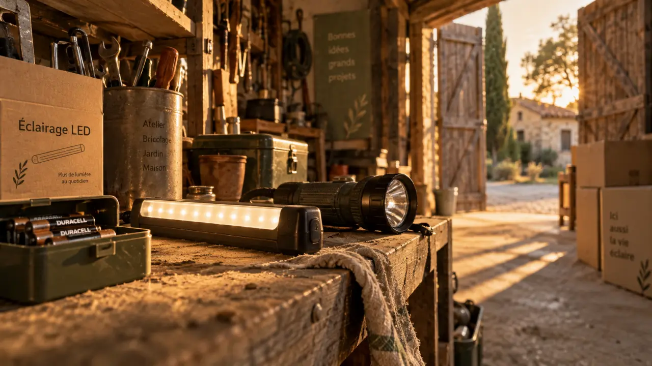 Éclairage led à pile puissant : lampe sans prise, garage à la golden hour
