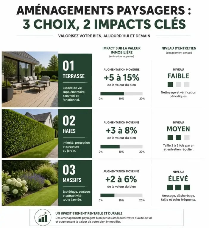 Tableau comparatif des impacts des aménagements paysagers sur la valeur immobilière pour un projet avec un paysagiste à Alençon