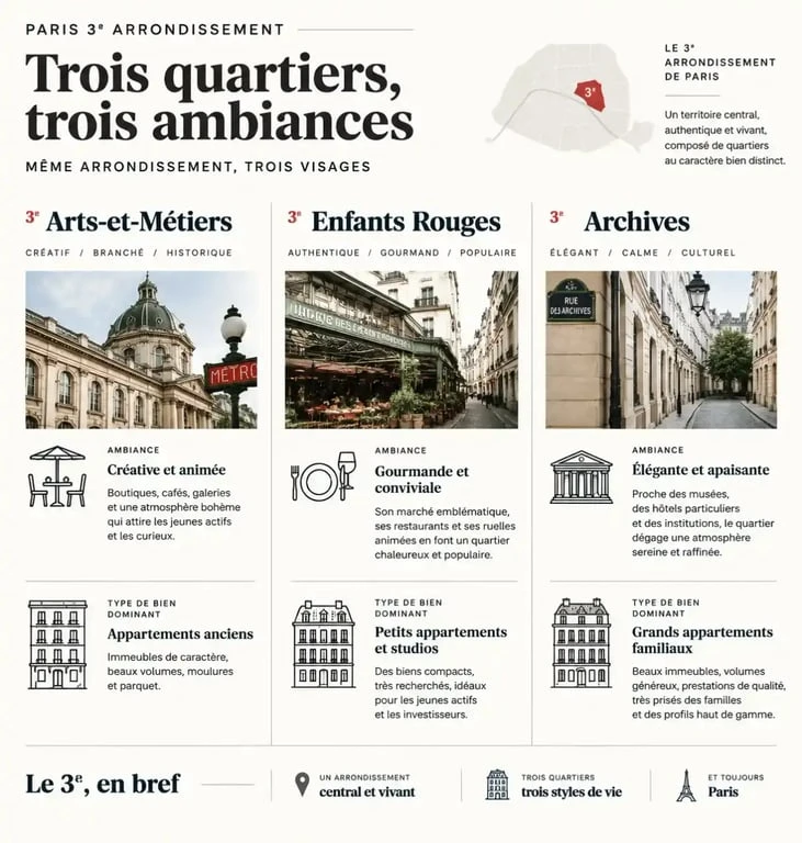 Comparatif des quartiers du 3e arrondissement pour votre recherche avec un chasseur immobilier à Paris 3e
